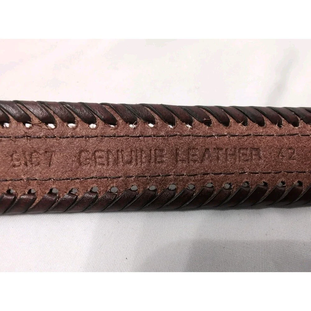 CUSTOM LEATHER BELT LEATHER And WOVEN CANVAS  MENS SIZE 42 BROWN/TAN/BRASS